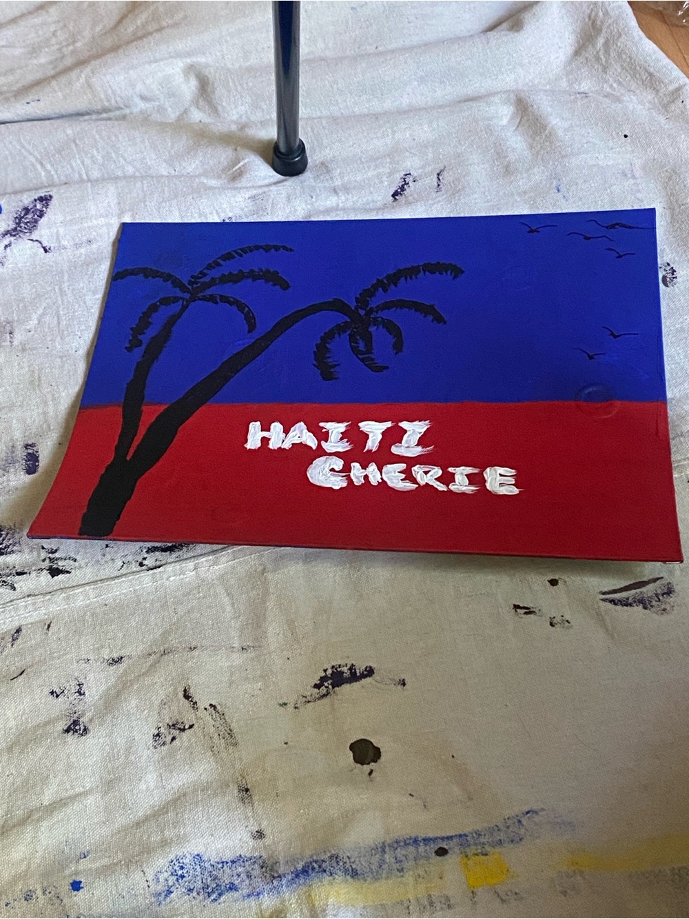 Hand-Painted Haiti Cherie Canvas - Blue & Red with Palm Silhouette